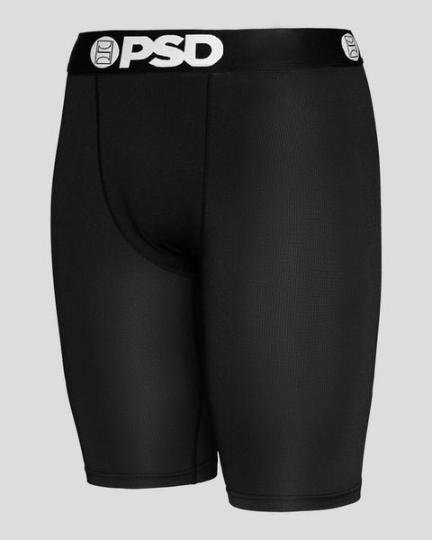 Black PSD Pro Tight 9 compression shorts with white waistband logo and side button detail.