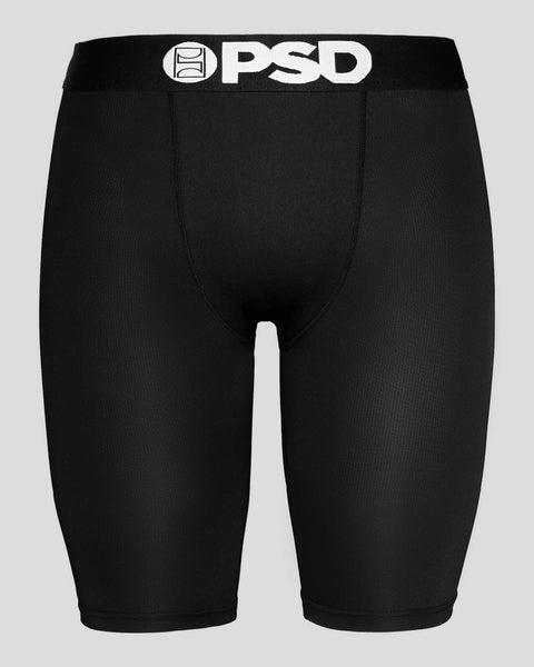 Black PSD boxer briefs with white waistband logo and contrasting center seam detail.