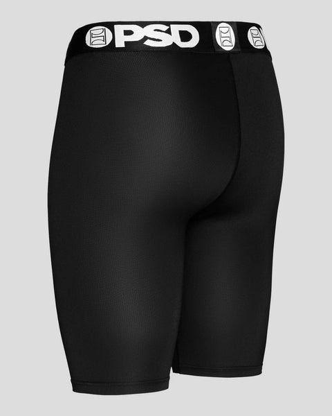 Black compression shorts with PSD waistband and textured fabric construction.