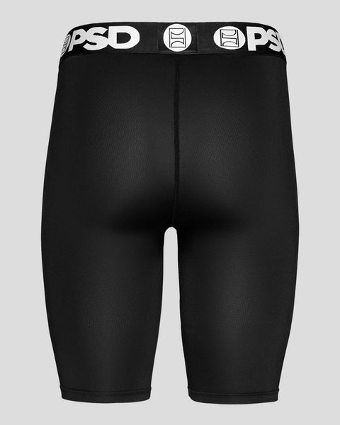 Black compression shorts with PSD waistband and logo badges.