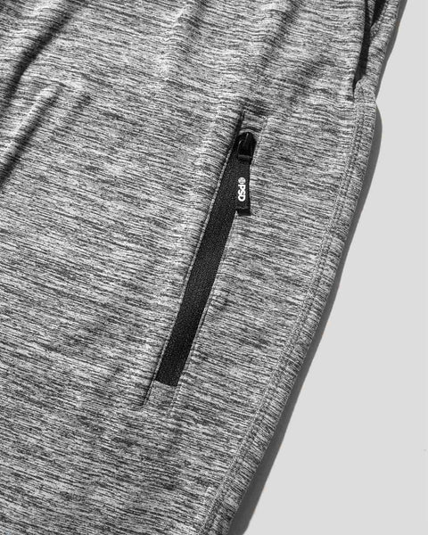 Grey heathered jogger with black zippered side pocket detail.