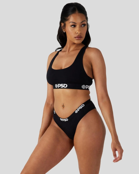 Black two-piece bikini set with branded waistband, featuring racerback crop top and high-cut bottom.