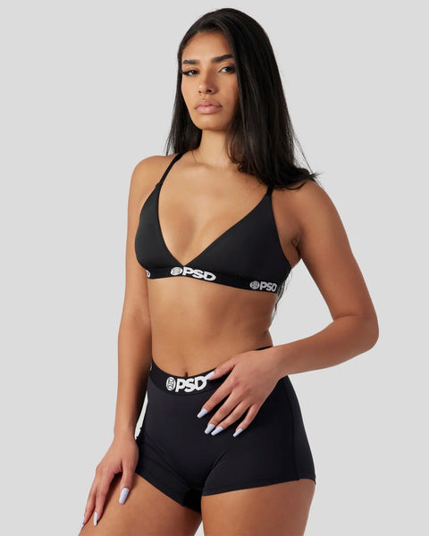Black two-piece bikini set with PSD waistband branding on top and shorts.