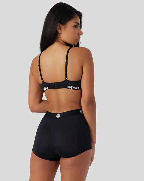 Black bra and high-waisted briefs set with adjustable straps and branded waistband detail.
