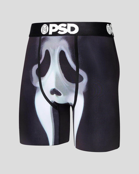 PSD brand boxer shorts with white ghostface graphic and black waistband on dark navy fabric.