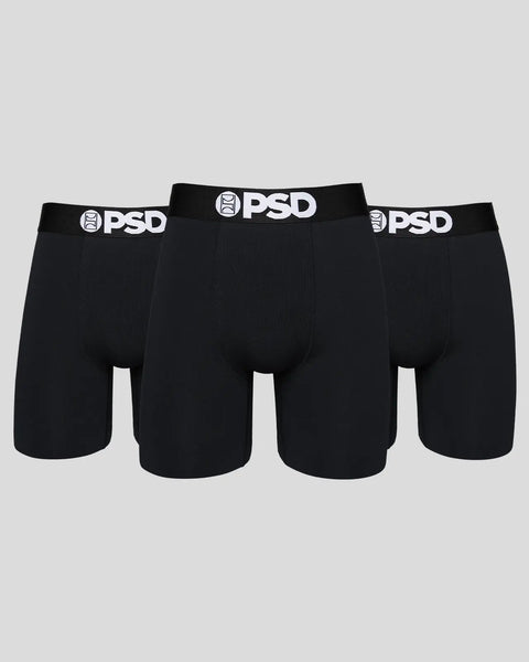 Three black boxer briefs with white PSD waistbands arranged side by side.