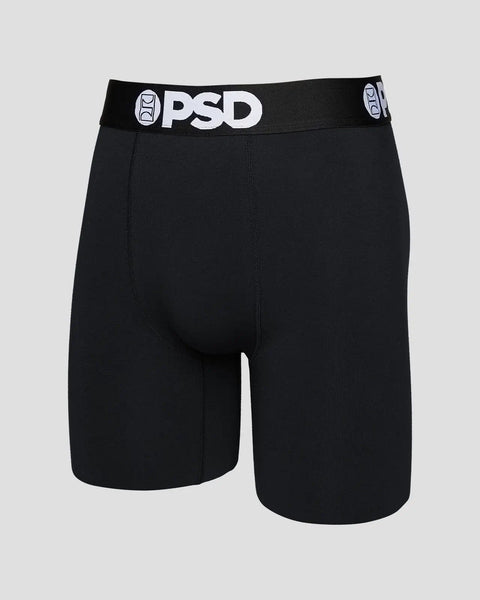 Black boxer briefs with PSD branded waistband and center seam detail.