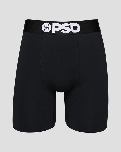 Black boxer briefs with PSD waistband and stitched seams.