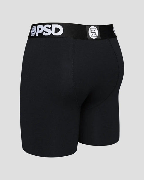 Black boxer briefs with PSD branded waistband and logo details.