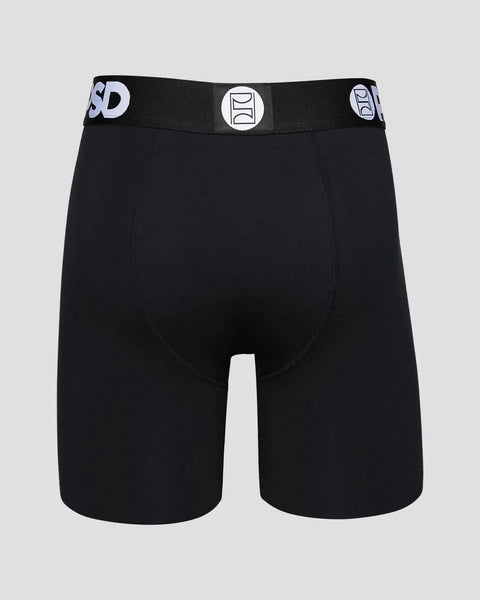 Black boxer briefs with branded black waistband featuring white logo detail on front and sides.
