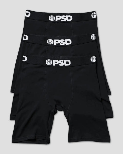 Three black PSD boxer briefs with white waistband logos stacked on top of each other.
