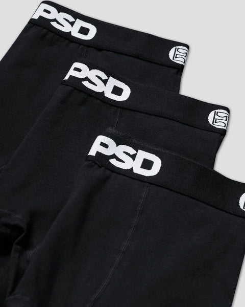 Three black briefs with white PSD branding on waistband and side tag.