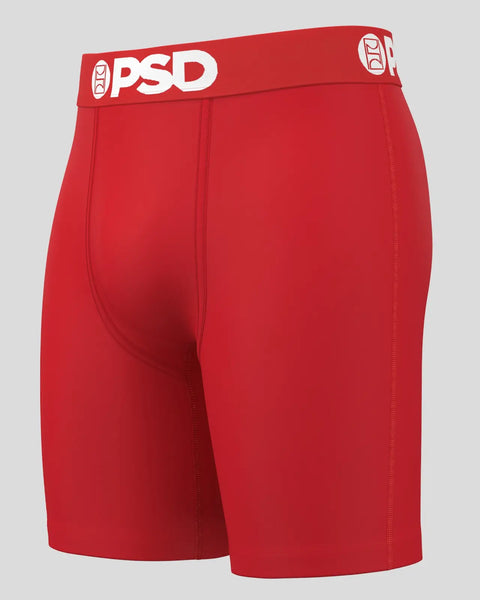 Red boxer briefs with white PSD waistband and logo, shown from back angle.