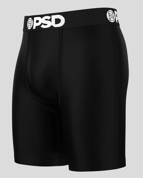 Black PSD brand boxer brief with white logo waistband and front fly.