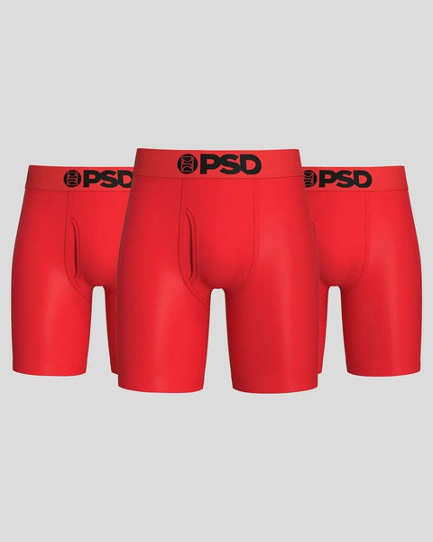 Three red boxer briefs with black PSD waistband logos displayed side by side.
