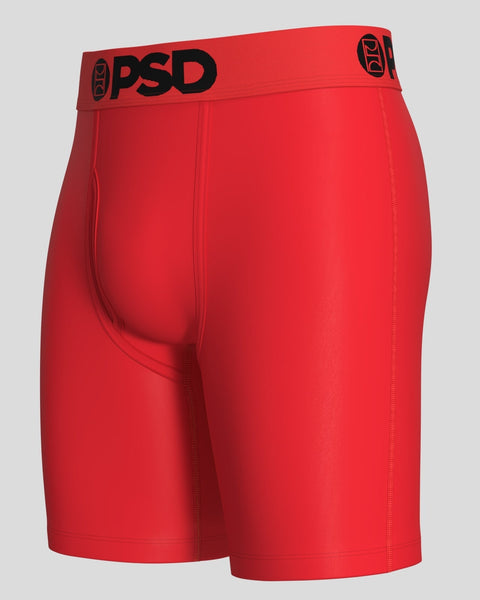 Red modal boxer briefs with black PSD waistband and logo visible on elastic band.