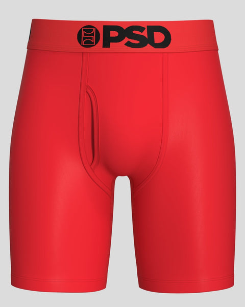 Red modal boxer briefs with PSD black logo waistband and center fly opening.