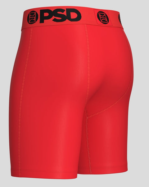 Red PSD modal boxer briefs with black waistband logo and stitched side seams.
