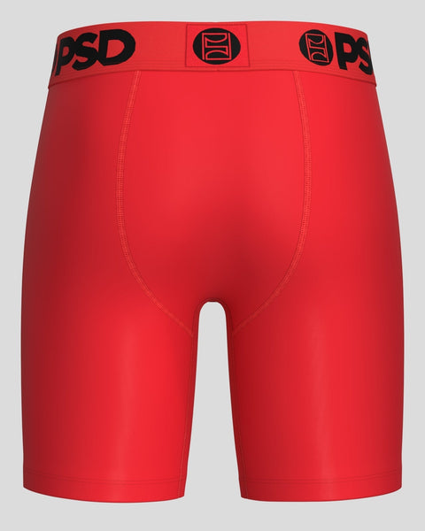 Red modal boxer briefs with black PSD waistband and logo, front view showing stitched seams.