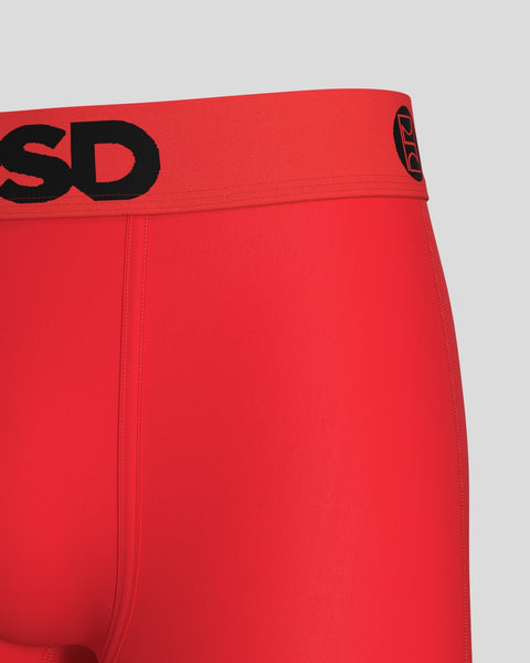 Red modal briefs with black branding on elastic waistband.