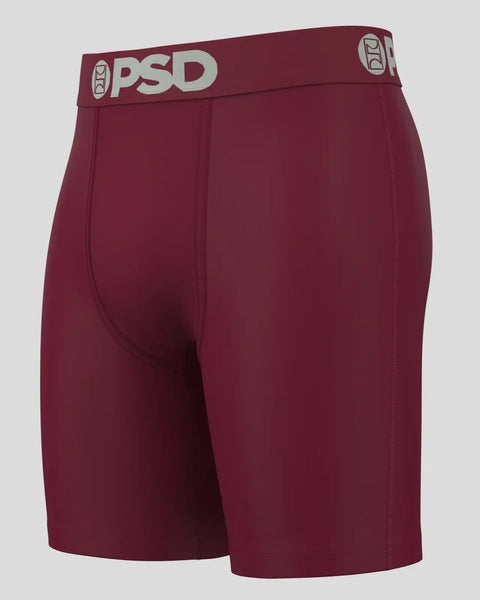 Burgundy PSD boxer brief with white brand logo waistband and center fly seam detail.