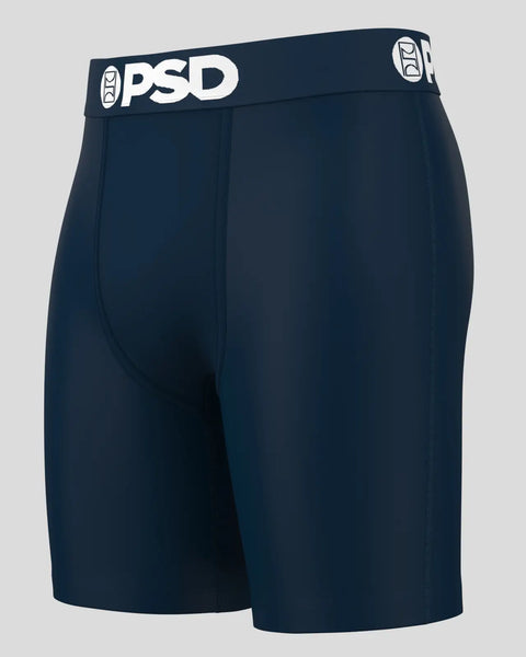Dark navy PSD boxer briefs with white logo waistband and center seam.