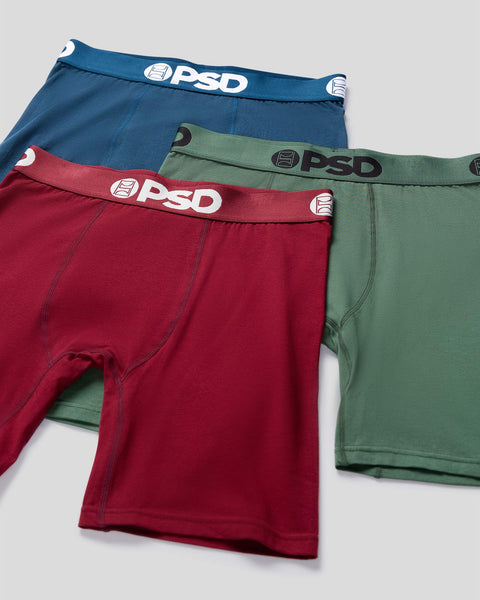 Three pairs of briefs in navy, burgundy, and sage green with branded waistbands.