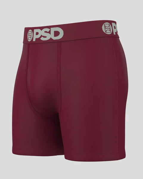 Burgundy boxer briefs with PSD branded waistband and center seam detail.