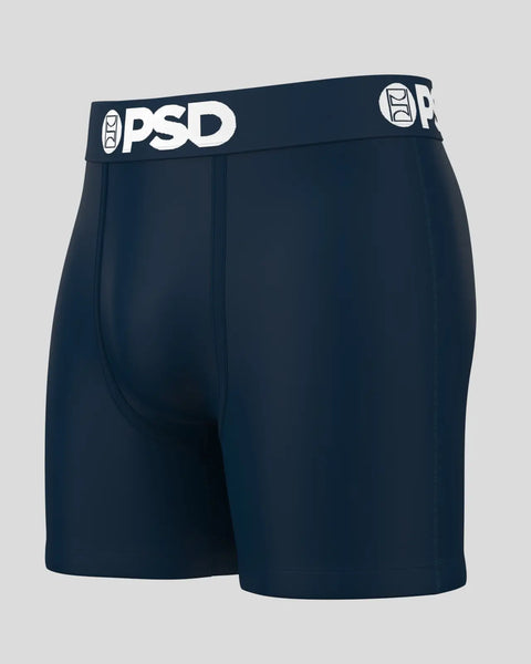 Dark navy PSD brand boxer brief with white logo waistband.
