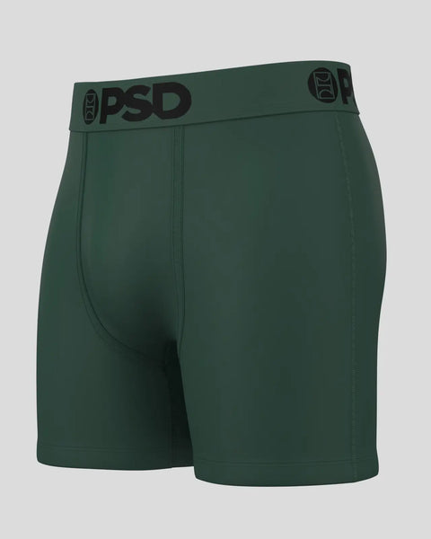 Dark green PSD boxer briefs with branded waistband and center seam detail.