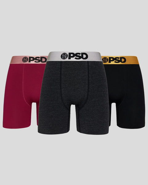 Three boxer briefs in burgundy, charcoal, and black with metallic-toned waistbands labeled PSD.