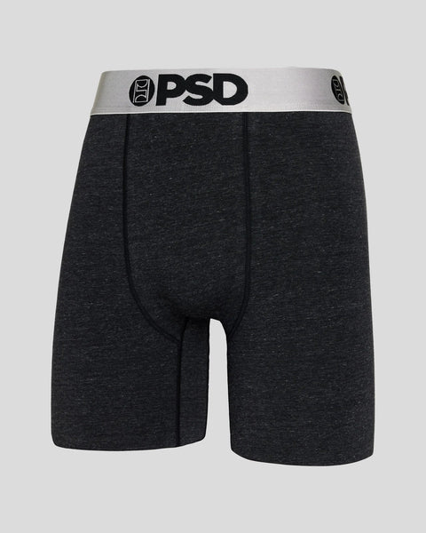 Charcoal heather boxer brief with silver metallic PSD waistband and logo.