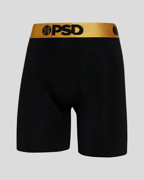 Black boxer briefs with metallic gold waistband and PSD logo.