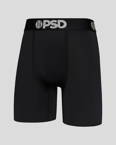 Black boxer briefs with PSD waistband and visible mesh texture throughout.