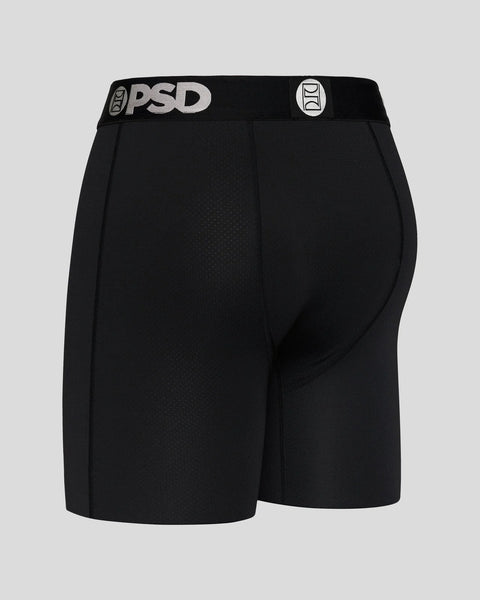 Black mesh boxer briefs with PSD waistband and side seams.