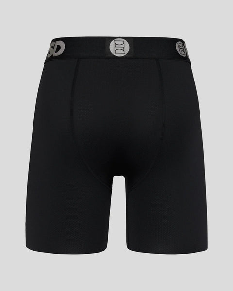 Black mesh boxer briefs with branded waistband and circular logo patch.