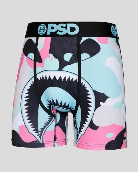 PSD boxer briefs with black waistband, featuring cartoon monster face design in pink, black, light blue and white camouflage 