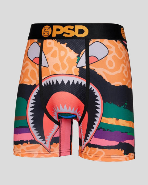 Shorts with orange and black monster face graphic design, white teeth, red tongue, and striped waistband.