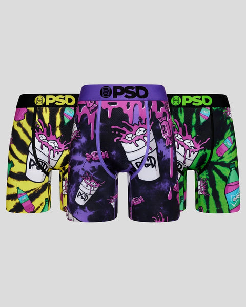 Three PSD boxer briefs in yellow, purple, and green featuring cartoon cup characters and dripping designs.