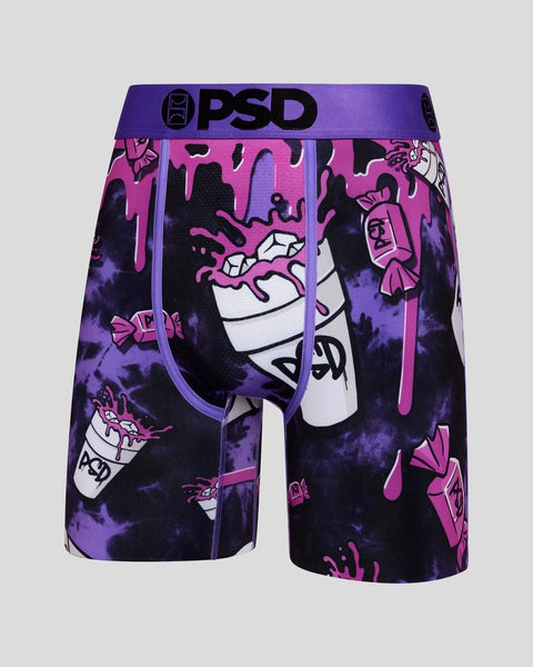 PSD boxer briefs with purple waistband and all-over Big Gulp cup graphic in pink, black, and white.