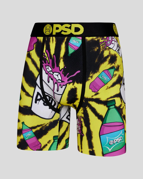 PSD boxer briefs with yellow and black tiger stripe pattern and colorful soda bottle graphics throughout.