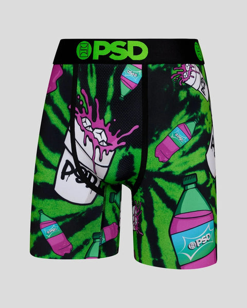 Black, green, and pink PSD boxer briefs with beverage cup graphics and splatter pattern design.