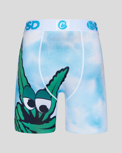 Blue and white tie-dye boxer briefs with green cannabis leaf graphic and blue waistband.