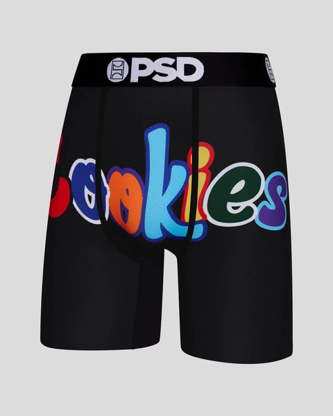 Black PSD boxer shorts with colorful "Cookies" text graphic and white waistband logo.