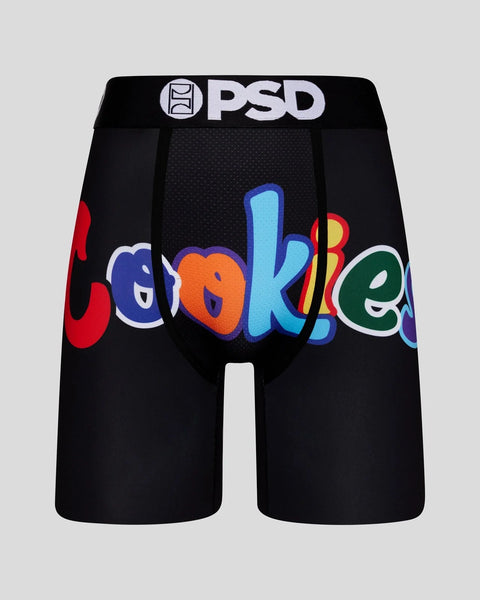 Black PSD brand underwear with colorful "Cookie" text graphic and mesh panel design.