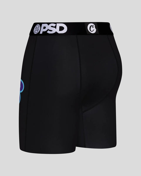 Black athletic shorts with PSD and cookie branding on waistband and left leg.