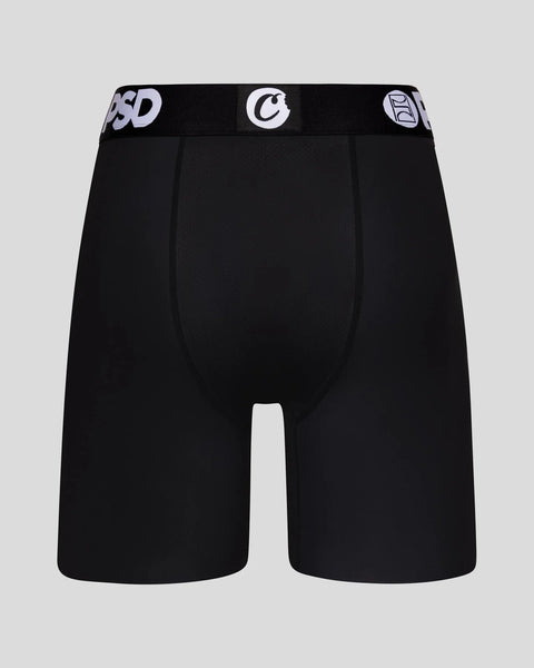 Black boxer shorts with branded waistband featuring logos and text.