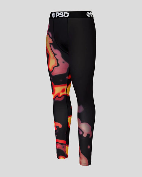 Black thermal tight leggings with red, yellow, and pink heat-map print pattern and PSD waistband.