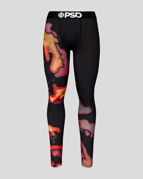 Black thermal leggings with red and yellow flame print pattern and PSD waistband.