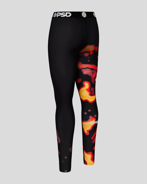 Black thermal leggings with red and yellow flame pattern on right leg and PSD waistband.